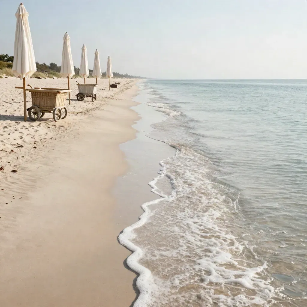 Spiaggia di Lacona con ombrelloni chiari, carrelli e onda bassa sulla battigia.