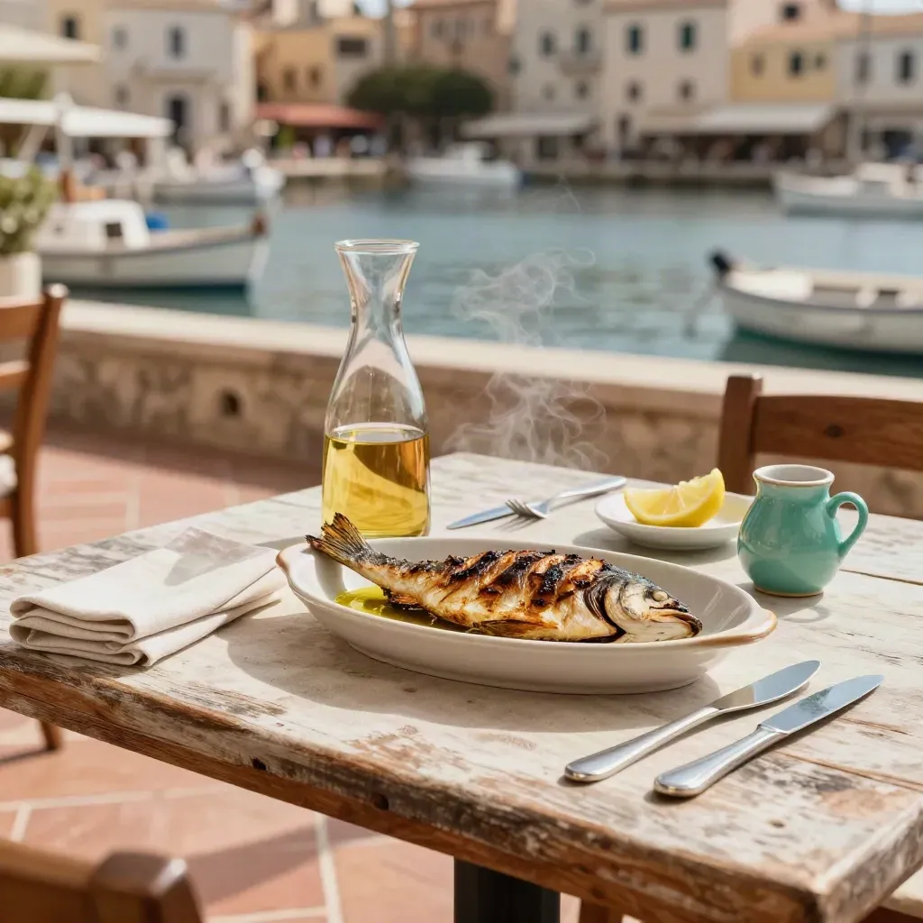 Tavolo di trattoria sul mare con pesce grigliato, caraffa e porto sfocato sullo sfondo.