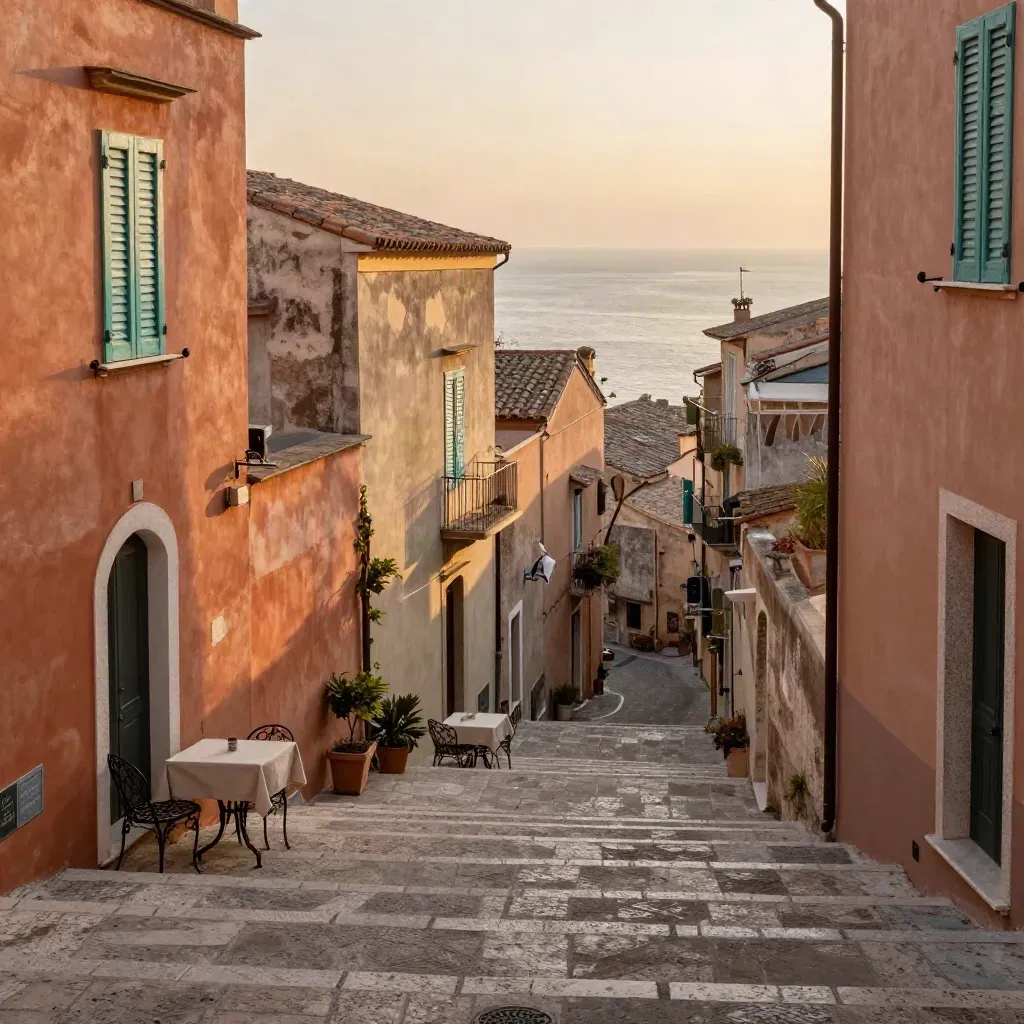 Piazza di Capoliveri al tramonto, vicoli in pietra e mare in fondo.