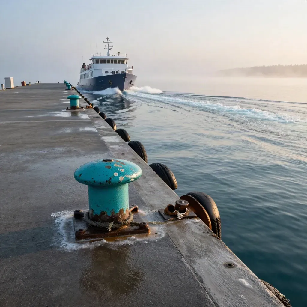 Molo di Cavo all’alba, motoscafo in partenza e scia sul mare calmo.