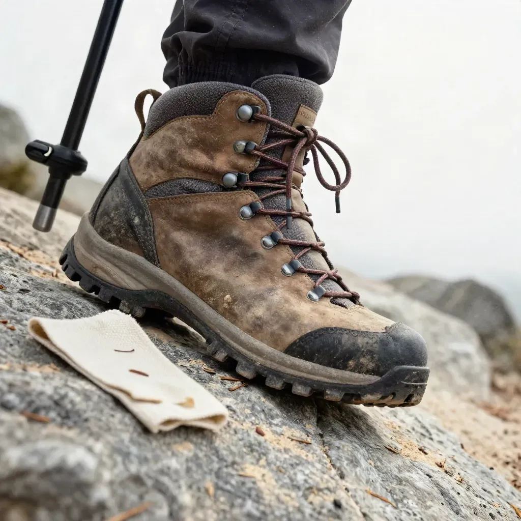 Scarponcino da trekking infangato su pietra, con bastoncino e aghi di pino